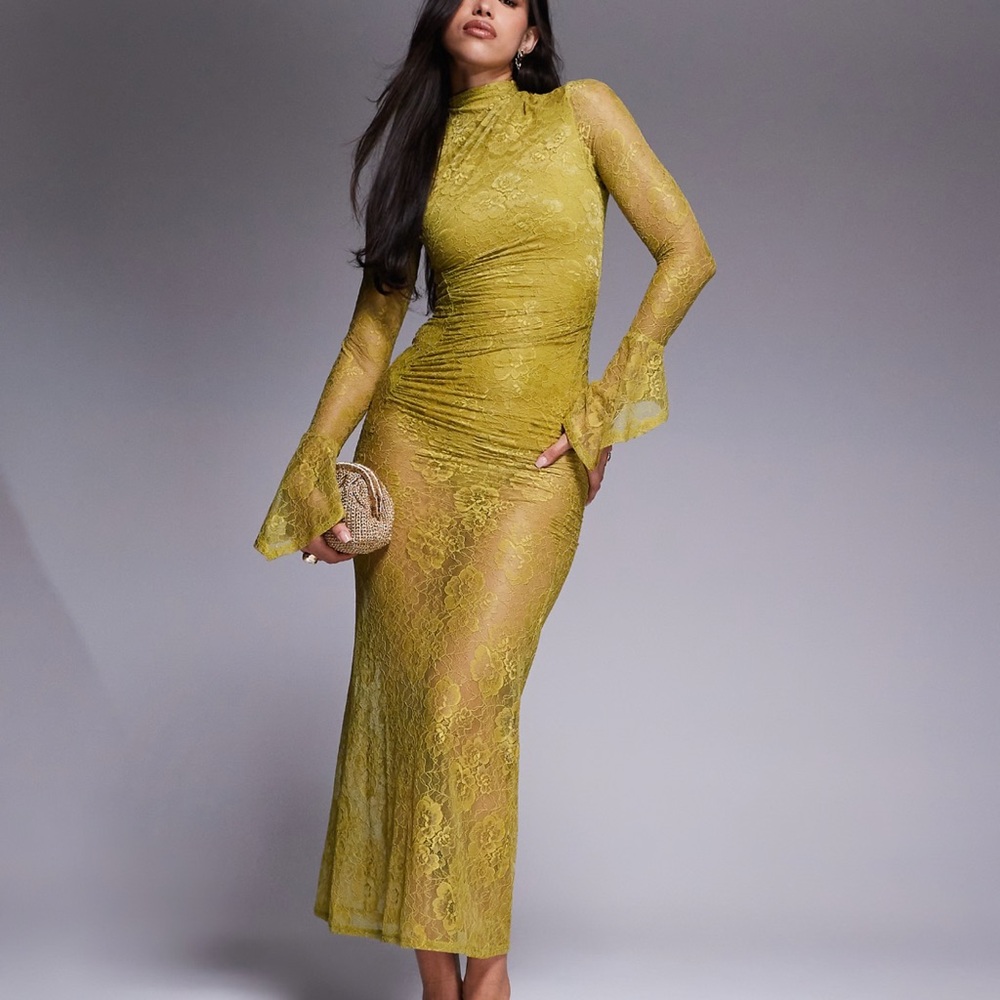 Green/Yellow Lace Long bell Sleeve Dress